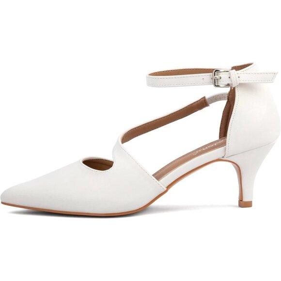 Women's White Polyurethane Pointed Toe Cross Strap Low Kitten Heel Pumps - Picture 3 of 7
